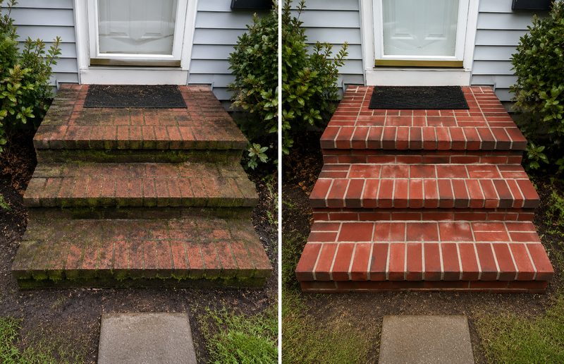 Before and after pressure washing brick steps in St. George